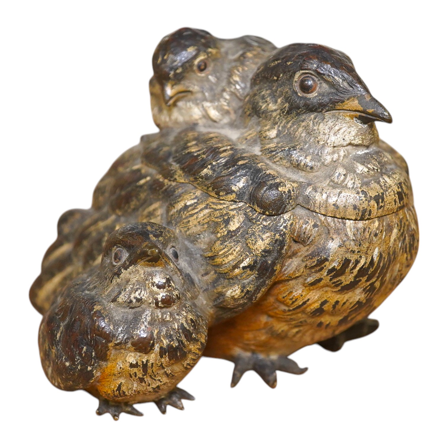 A novelty Austrian cold painted bronze ‘bird and chicks’ inkwell, 10cm wide. Condition - lacking liner, fair to good